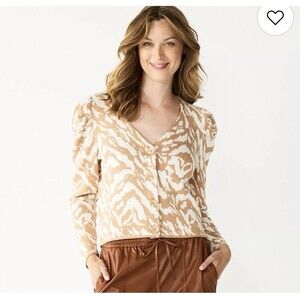 Nine West Puff Long Sleeve Cardigan Sweater w/Abstract Print Button Front-Size L